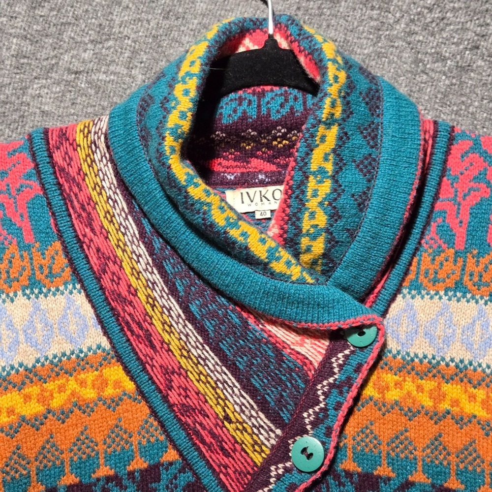 IVKO WOMENS Wool Collar Cardigan Sweater SZ 40 Med Knit Forest Motifs Jacket - Picture 2 of 10